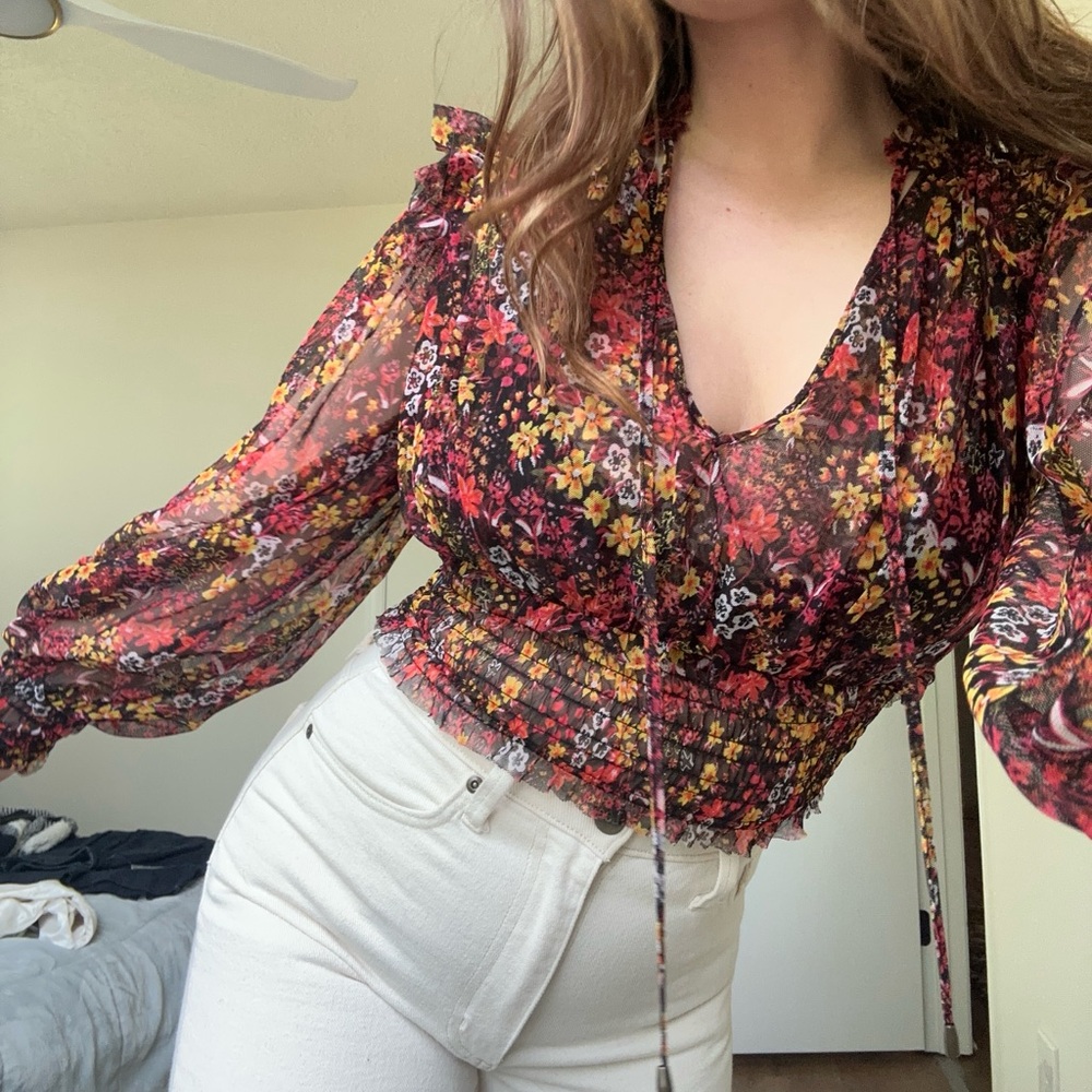 Free People Sheer Floral Smocked Waist Blouse - Black Multi